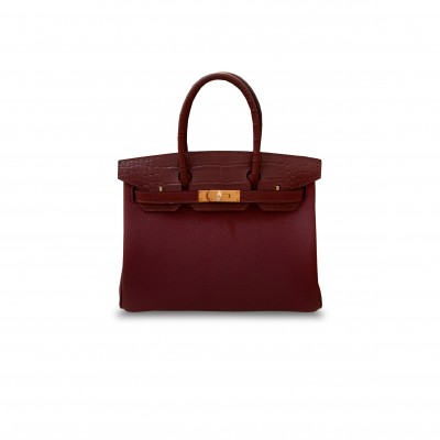 HERMÈS MASTER BIRKIN 30 MATTE CROCODILE AND TOGO LEATHER BURGUNDY GOLD BUCKLE H076235CK39 (30*22*16cm)